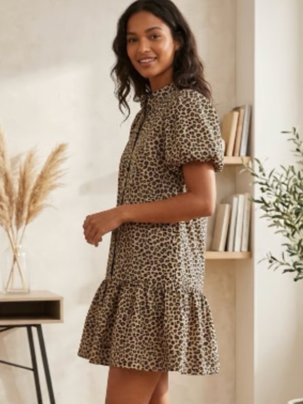J. Crew Leopard Cotton Bubble Short Sleeve Flounce Mini Shirt Dress Pockets, 2